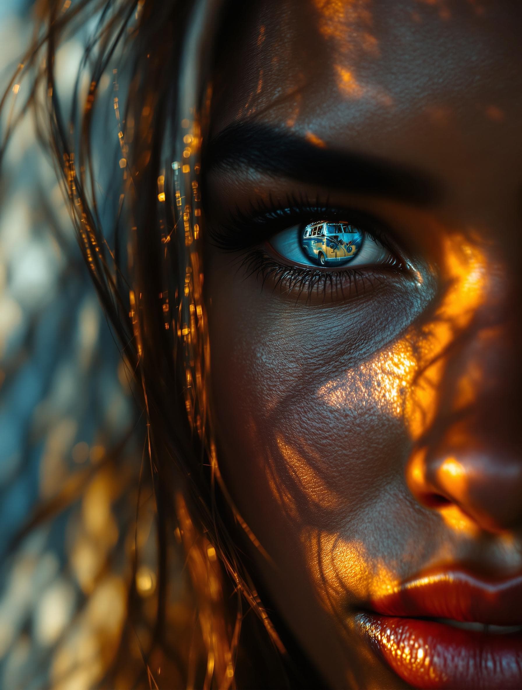 AI generated: a photo realistic,  close up photo of a beautiful Brazilian dark haired woman's  complete  full face...