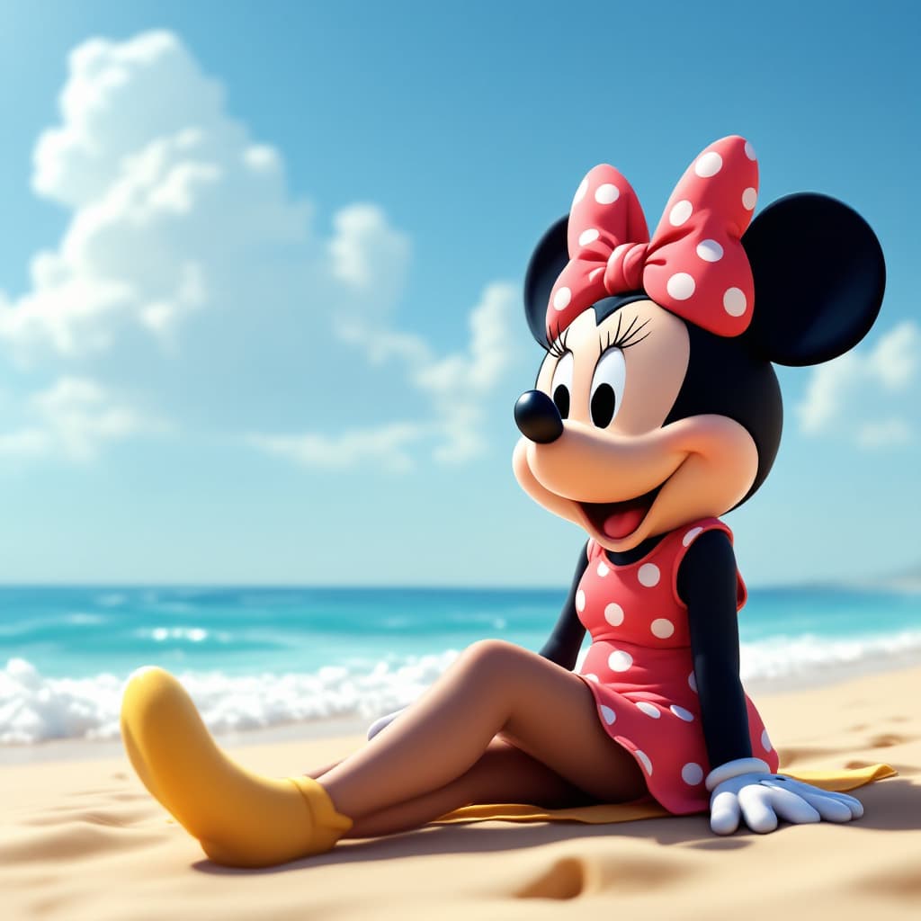 AI generated: A Minnie sitting at the beach on a sunny day 