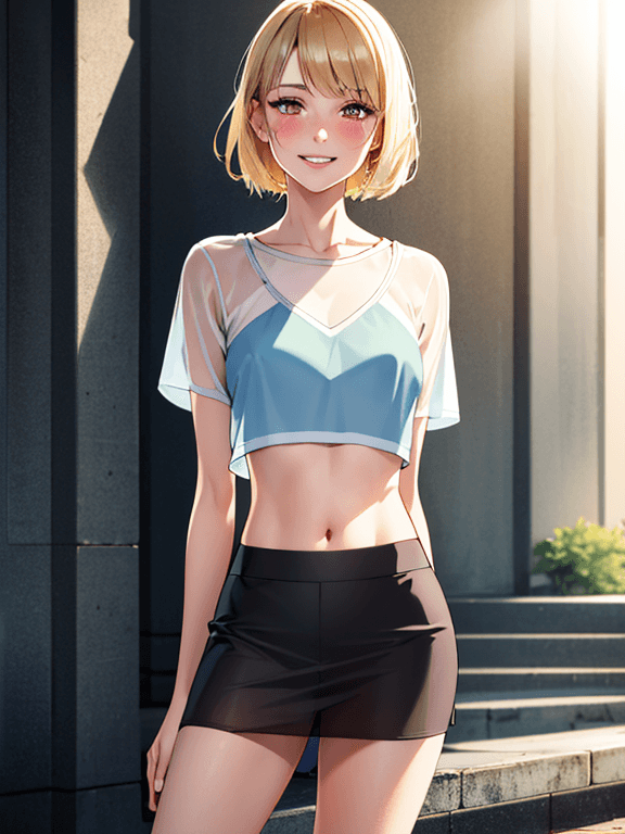 AI generated:  realistic,portrait, 1girl, crop top, blonde hair, dark eyes, glowing eyes,skirt, parted lips, blush...