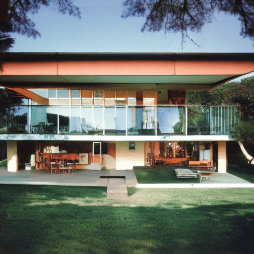 AI generated: Hyper realistic eye level exterior photo of a mid century modern style house overlooking the ocean, ...