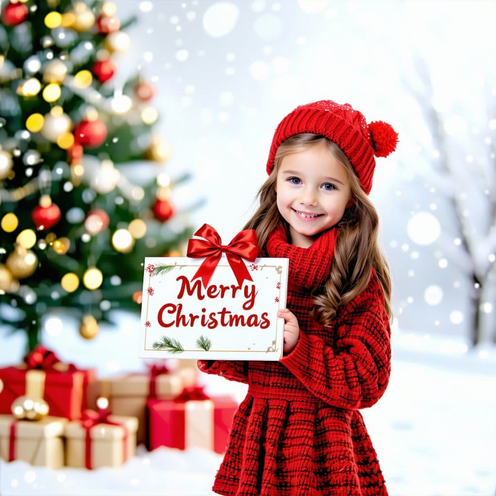 AI generated: very beautiful girl,christmas scene,"merry christmas" on a little sign,present,christmas look,full b...