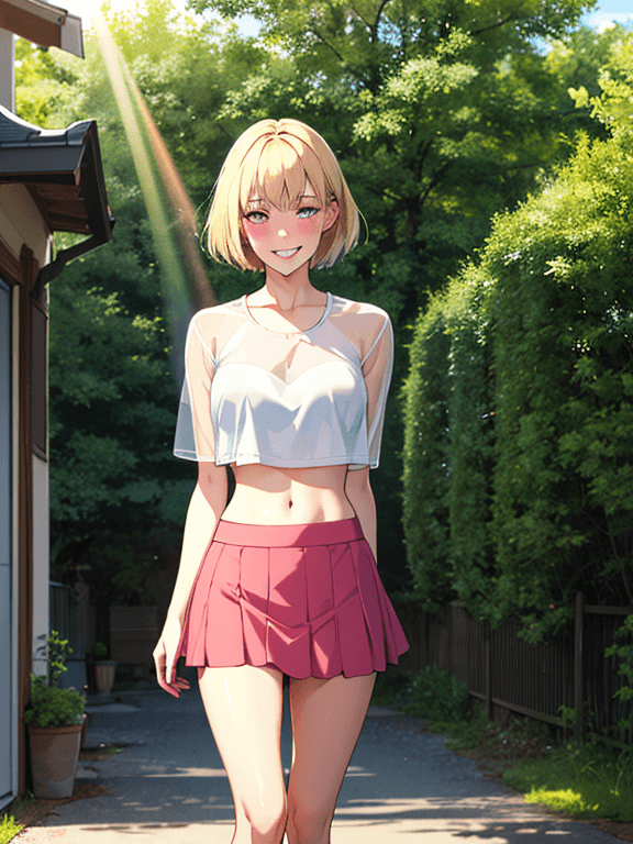 AI generated: realistic,portrait, 1girl, crop top, blonde hair, dark eyes, glowing eyes,skirt, parted lips, blush,...