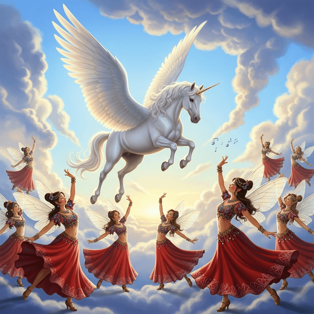 AI generated: un unicornio con halas ,volando ,con hadas poseidas bailando salsa , con una falda de color rojo