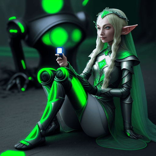 AI generated: Elf Galadriel dressed in a robot outfit in the dark and having a earphone, in the style of Ali Kiani...