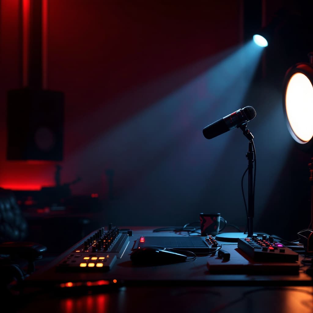 AI generated: Scene of a podcast studio, The recording light is on, recording a true crime podcast, It's called ((...