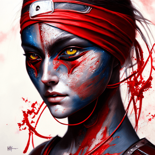 AI generated: a painting of a woman-ninja with red paint on her face, art, inspired by Magali Villeneuve, ninja ou...