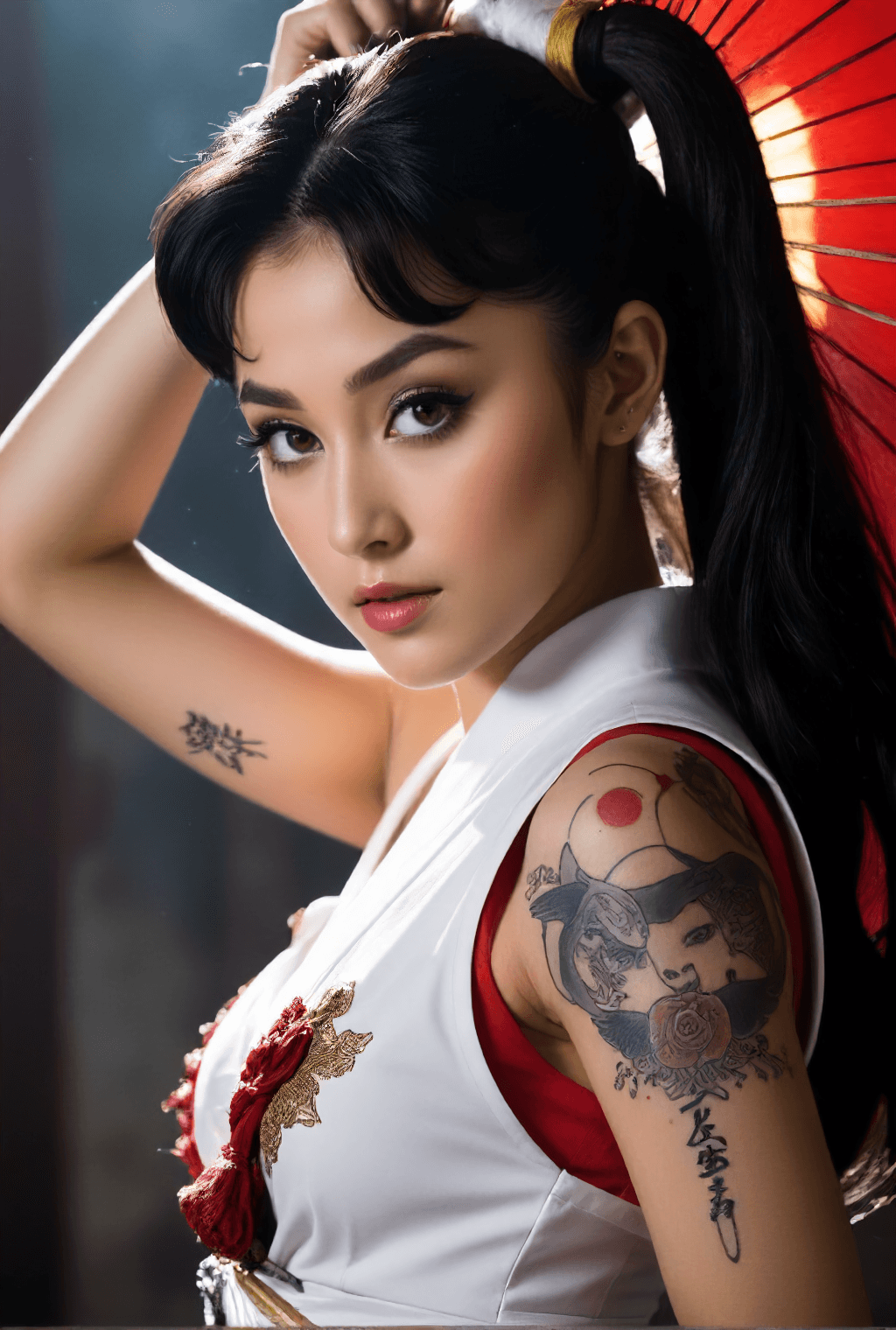AI generated: Midjourney Style,Japanese Retro Movie Poster,art style,ink style,Ariana Grande as Lady Snowblood,dri...