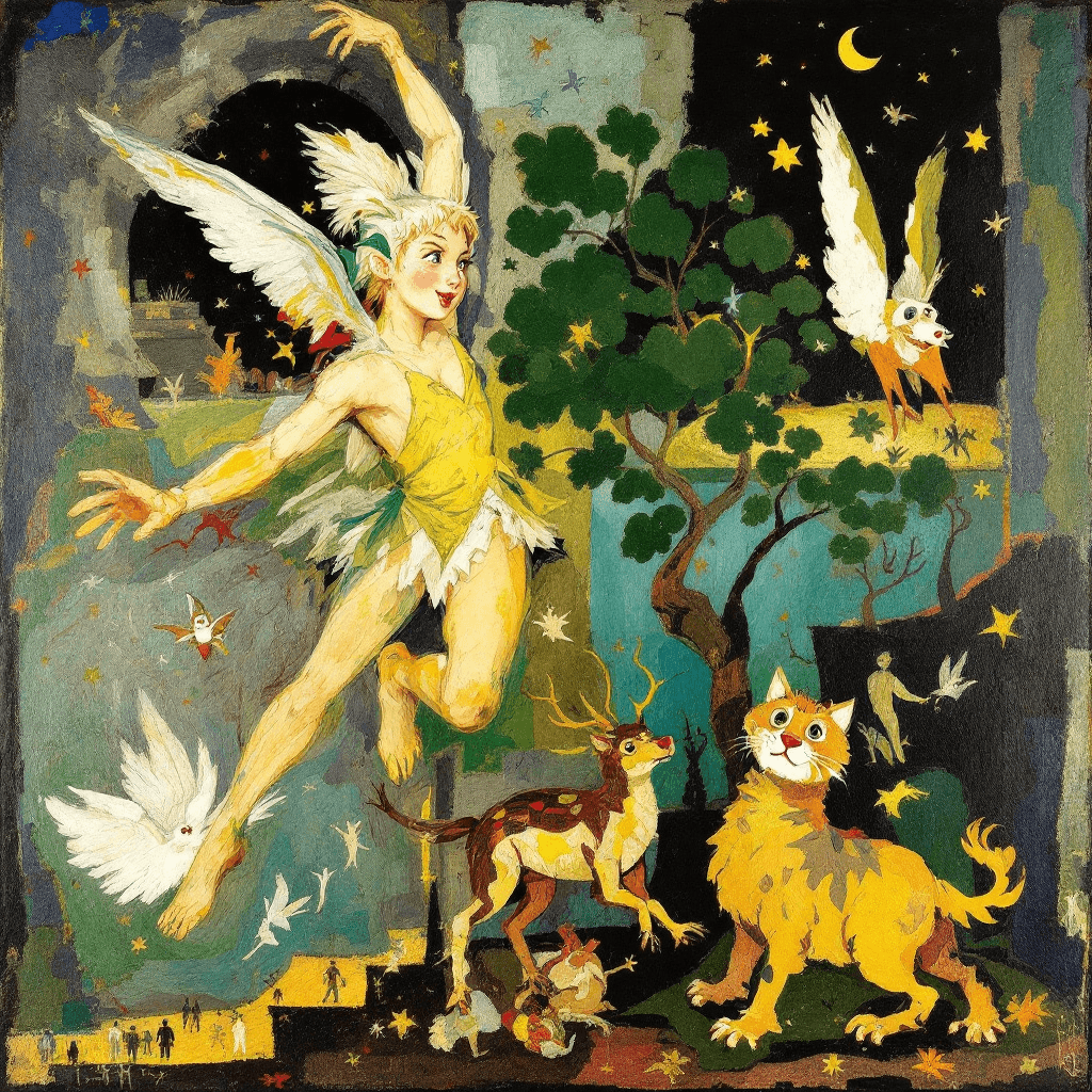 AI generated: funny Peter Pan flying , art in medieval bestiary style, oil on canvas by Pablo Picasso, Masaccio, M...