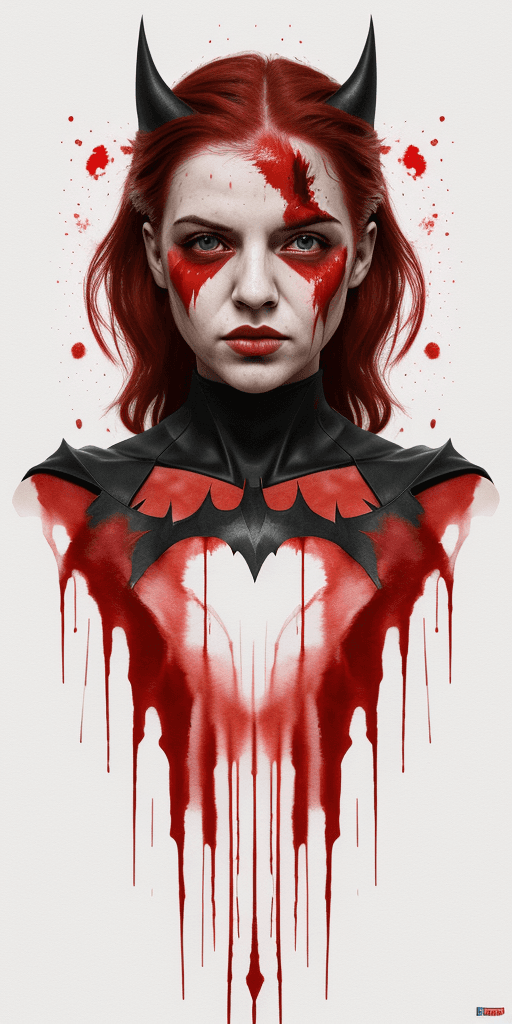 AI generated: A half body portrait of  batwoman made of blood, half body is submerged in blood, red hair depicting...