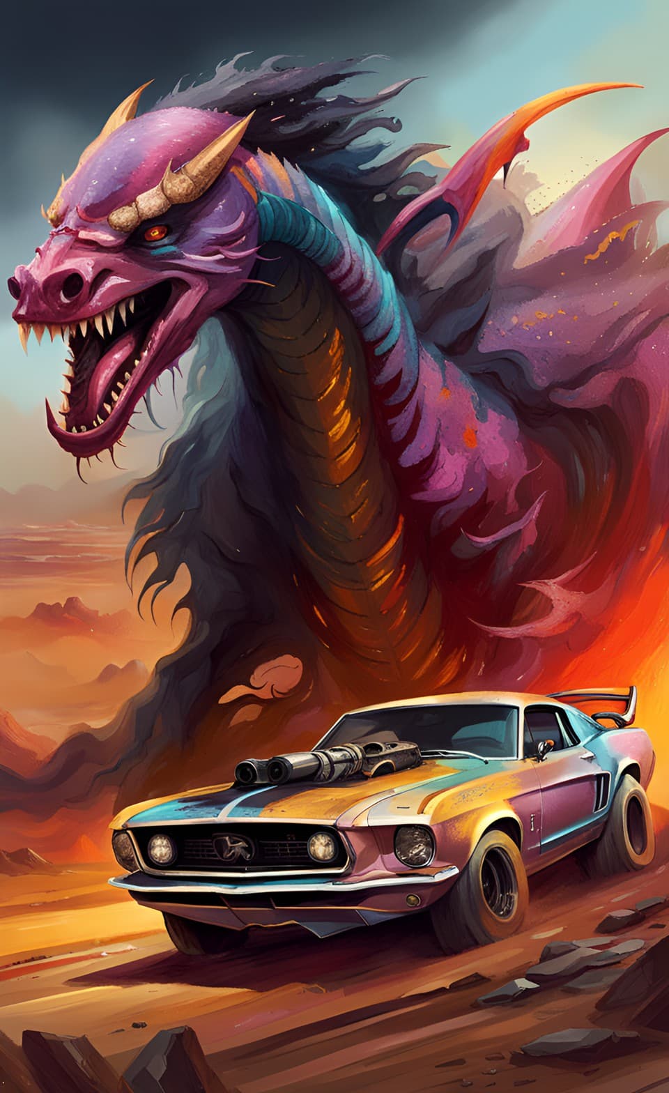 AI generated: 
A retro color comic style poster of a fantasy post apocalyptic world, with a mustang style muscle ...