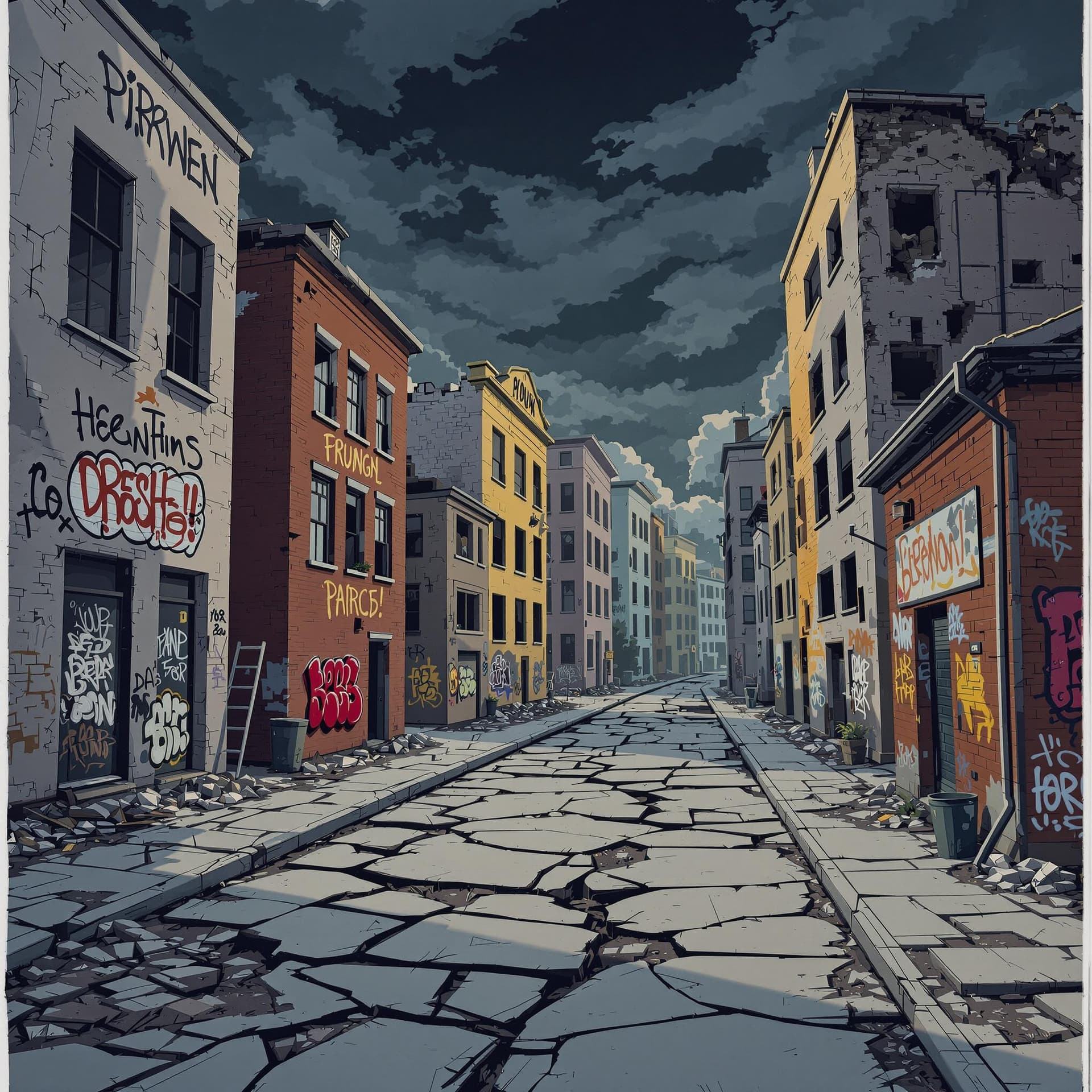 AI generated: 3d illustrated destroyed urban street buildings background with graffiti on the walls, cracked stree...
