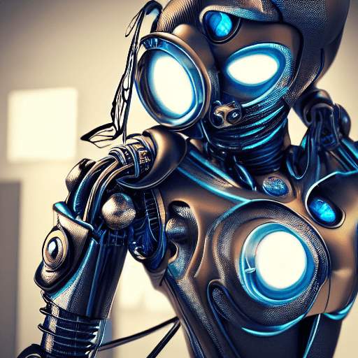 AI generated: close up complex 3d render ultra detailed of a beautiful metal bee , cyborg, robotic face, 50 mm, be...