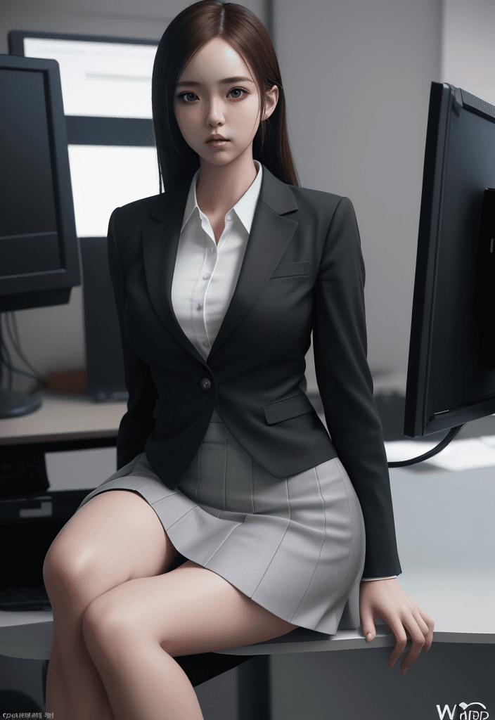 AI generated: Anime Style of a Girl sitting on desktop working office, wearing casual business clothes, suit set a...