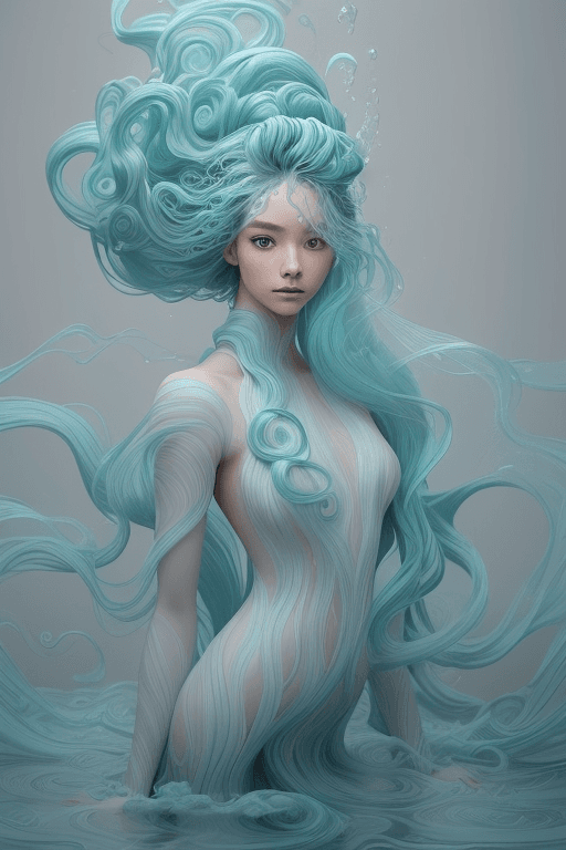 AI generated:  an image of a person with a flowing, sculptural hairstyle and garment that echo the movement of wat...