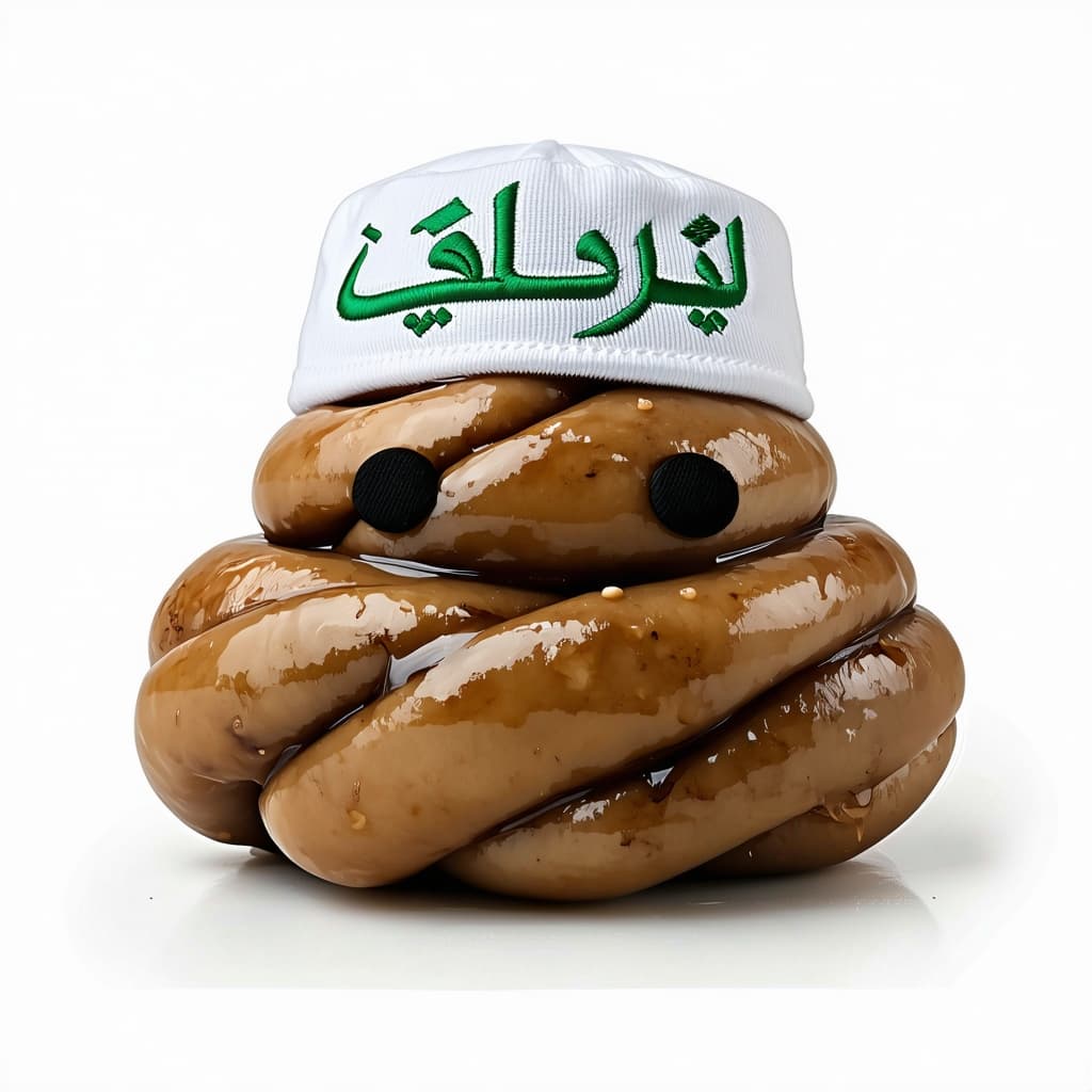 AI generated: Image of a shit turd with a white muslim embroidery hat emoji 