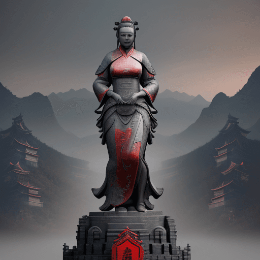 AI generated: a large statue with a woman looking at it, in the style of unreal engine 5, northern china's terrain...
