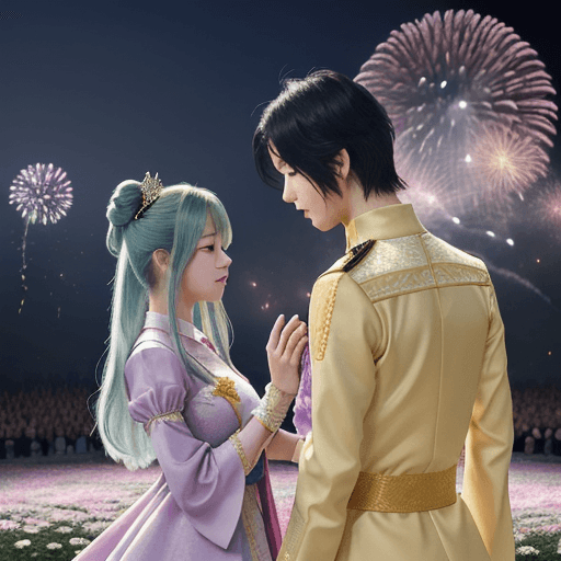 AI generated: Lumine and kazuha from genshin impact, play the role of prince and princess in the play, they stand ...