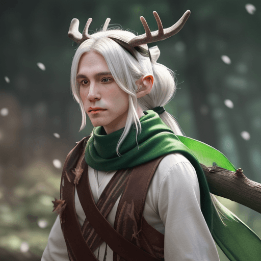 AI generated: Elf male character with long white hairs tied in a ponytail. Scarf made of leaves and short antlers....
