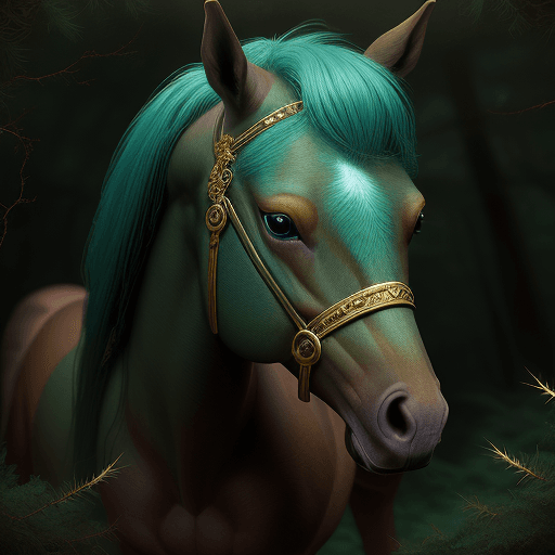 AI generated: baby horse in the forest near trees with large green eyes, in the style of intricate, whimsical deta...