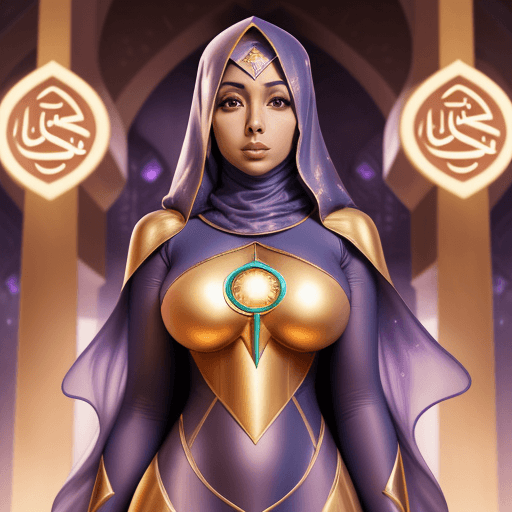 AI generated: Mariah Idrissi as a Superhero Muslim woman in a cybernetic amethyst Islamic kaftan. golden Islamic l...