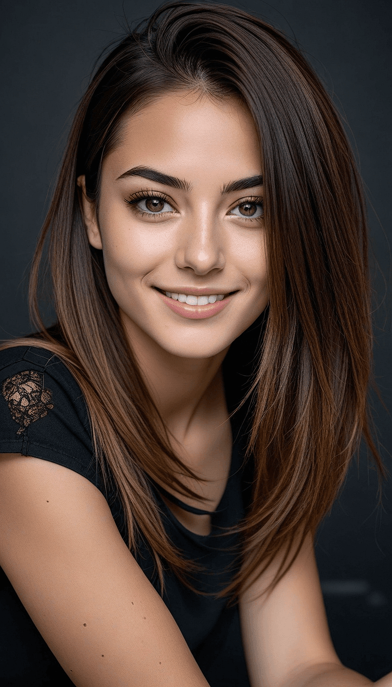 AI generated: An image of a young woman with a medium complexion and a warm smile. Her straight hair is styled smo...