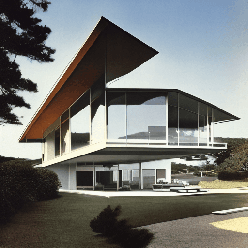 AI generated: Hyper realistic eye level exterior photo of a mid century modern style house overlooking the ocean, ...