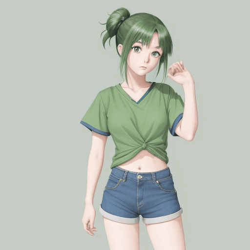 AI generated: anime girl in green shirt and blue shorts posing for picture, by Kose Kanaoka, anime visual of a cut...