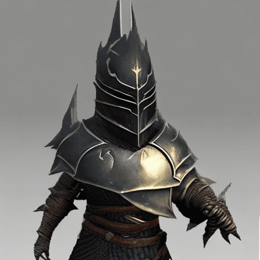 AI generated: Dark souls knight with helmet shaped like a dragon claw
