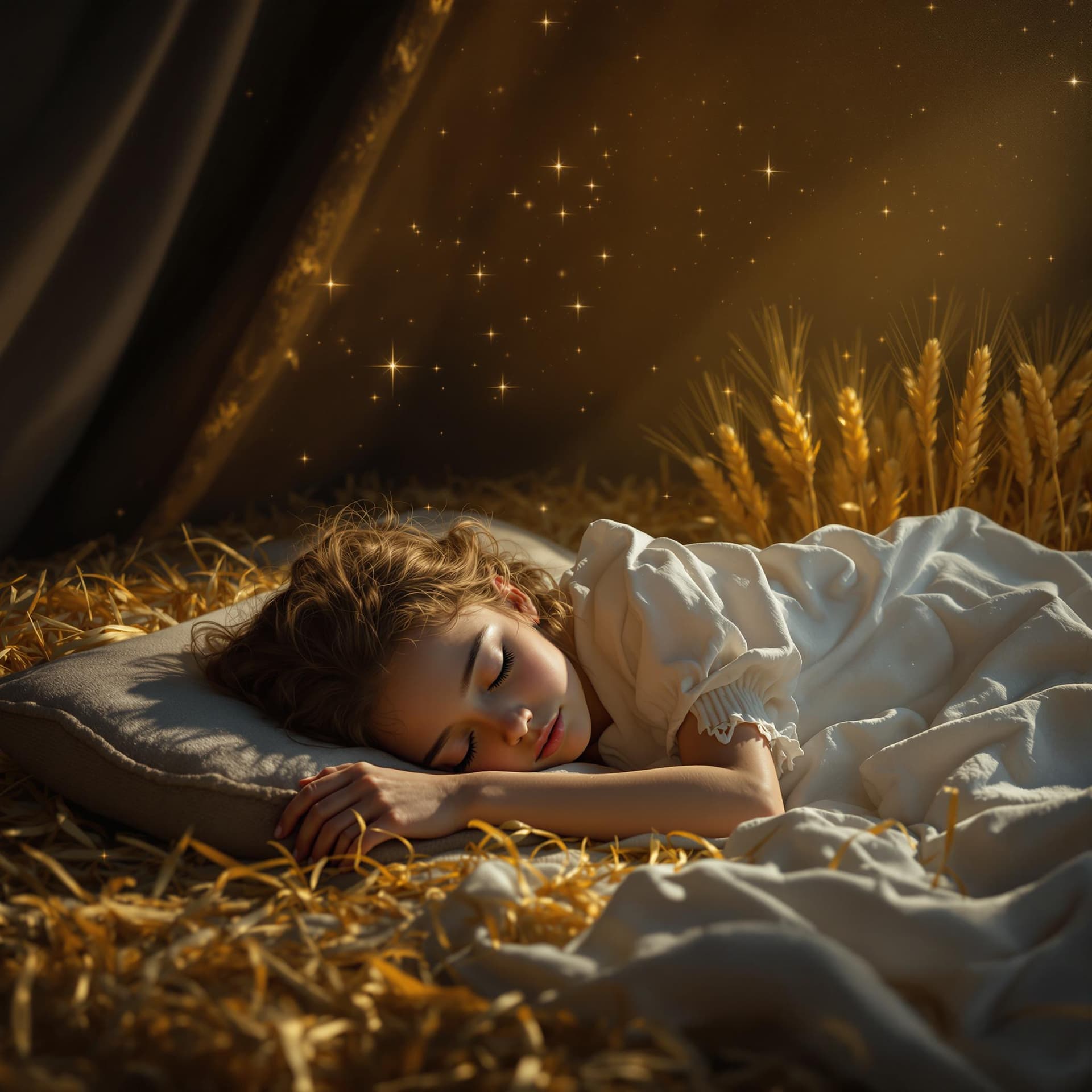 AI generated: "A young girl, José, sleeping peacefully on a straw-filled bed in an ancient Hebrew tent. Moonlight ...