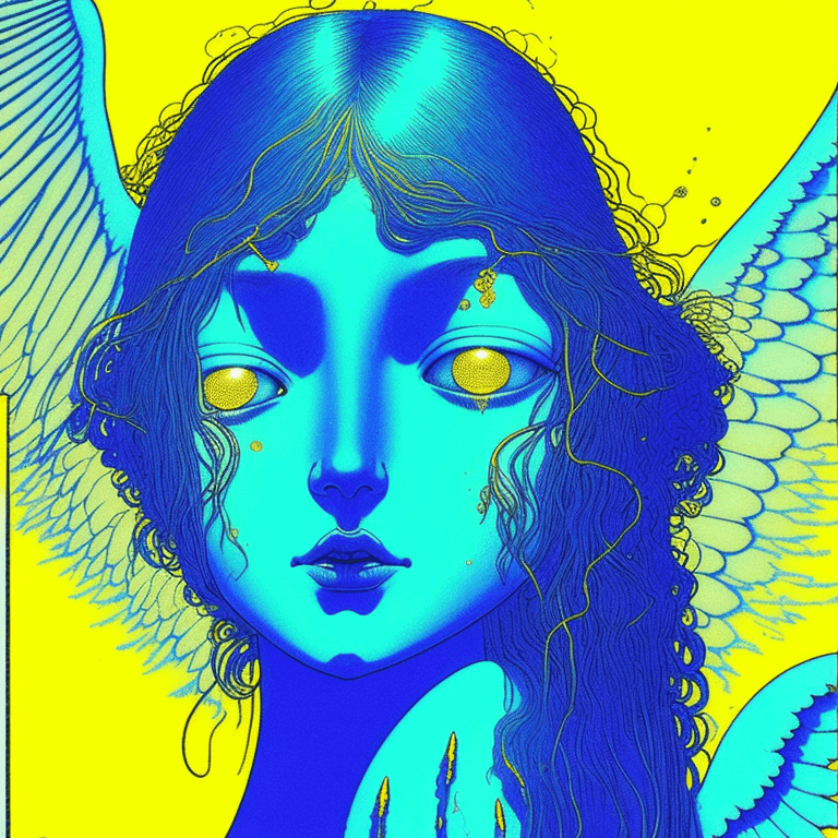 AI generated: a blue girl with gold angel halo head, whimiscal acid nightmare pshydelic lsd melted by moebius and ...