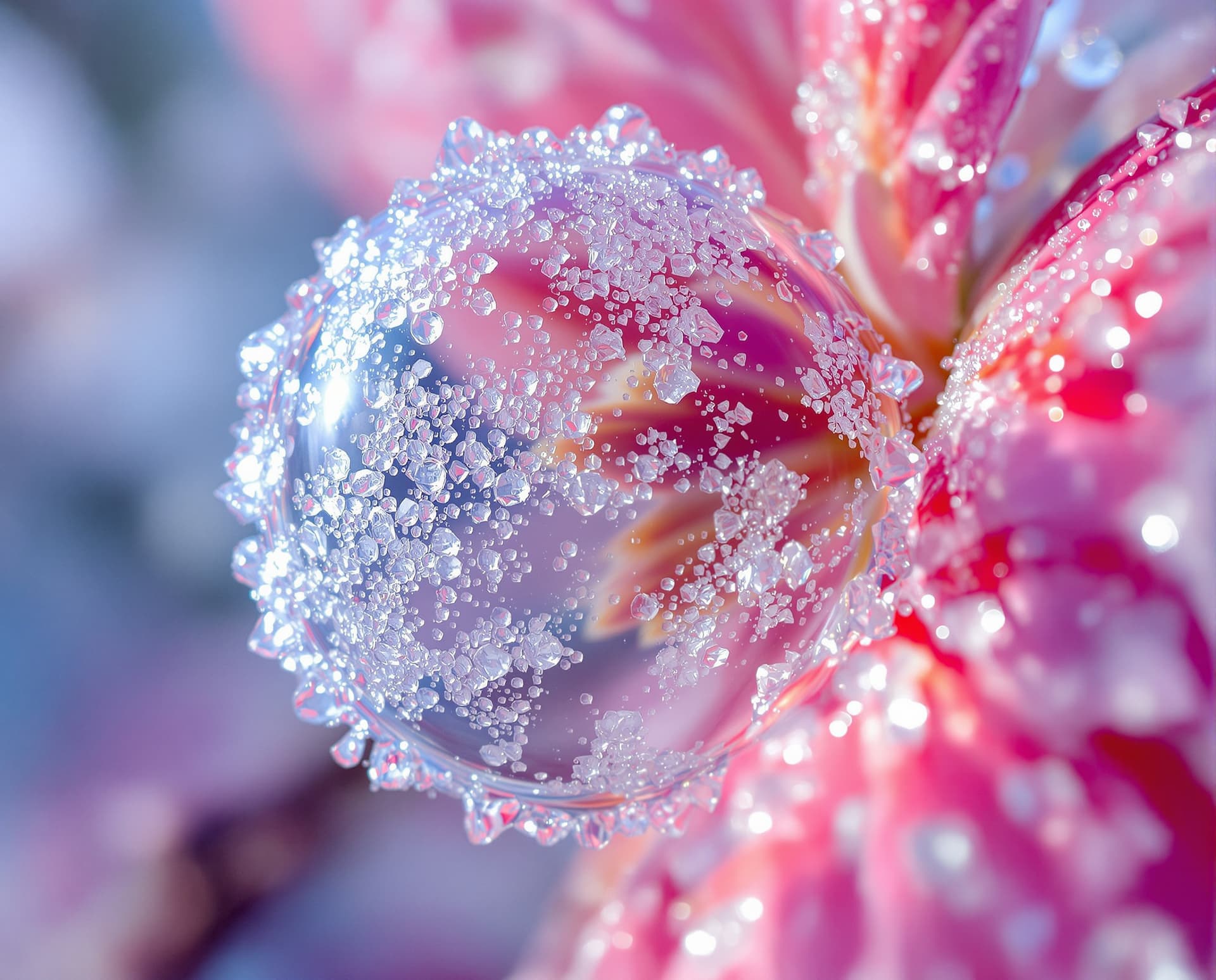 AI generated: extreme-ultra-detailed macro-view close-up of view of Ice crystals covering a bubble on a flower ear...