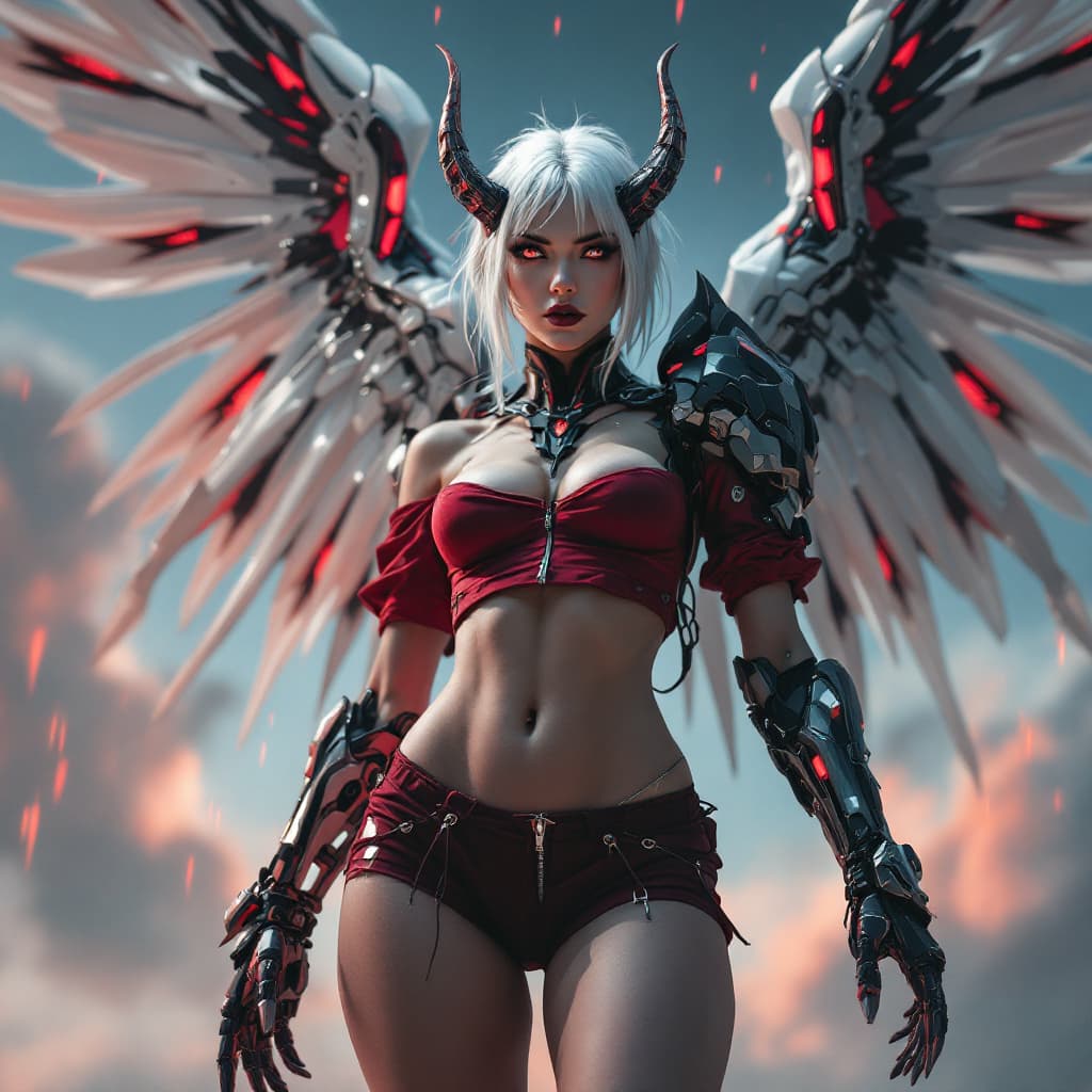 AI generated:  adult woman, transforming into Evangelion Demonic Demon inspired mecha, fly me to the moon, {{beaut...