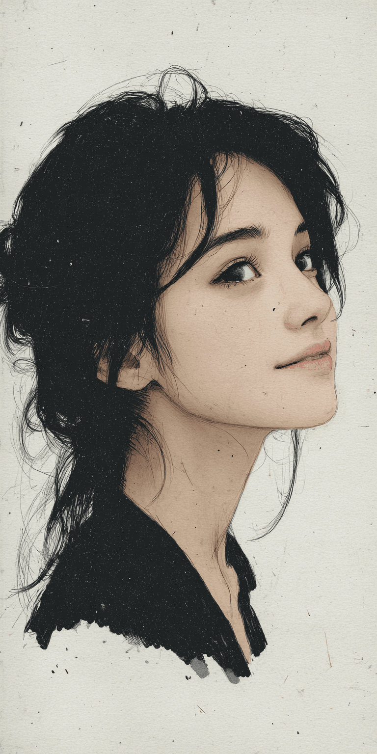 AI generated: lithograph of a woman, side view, slight smile, white background, dramatic lighting, sketch in the s...
