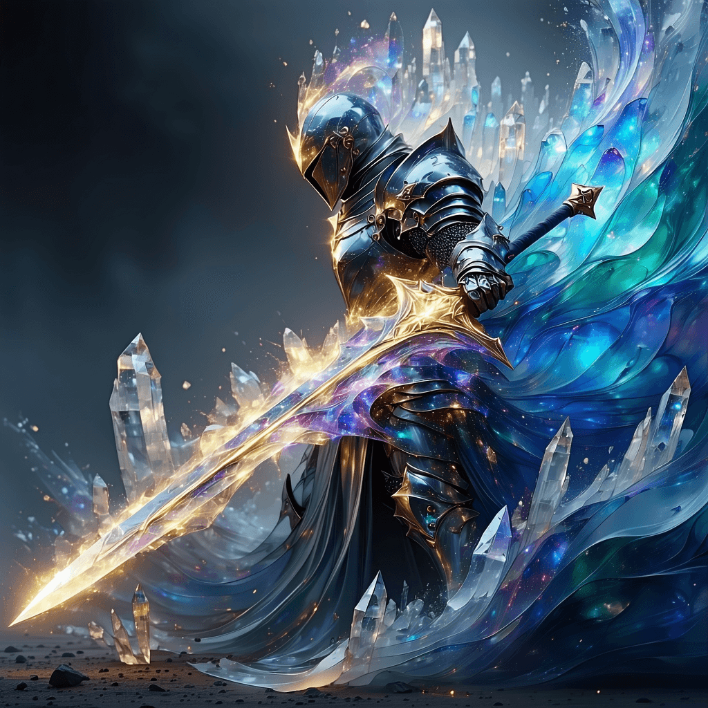 AI generated: A knight, clad in armor that seems to shift and flow like liquid metal, his form almost dissolving i...