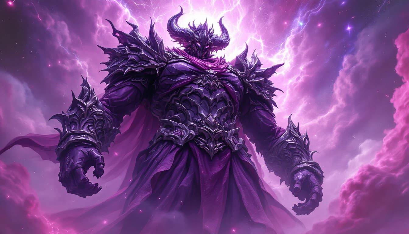 AI generated: Bathed in ethereal shades of deep purple and pink, a colossal figure looms in a fantastical realm, e...