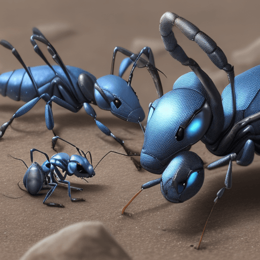 AI generated: blue ant army with silver armor invasion the planet, gun fire each other with red ant