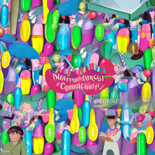 AI generated: Naturalistic collage illustration of inside Willy Wonka's candy factory with unicorn workers. 
