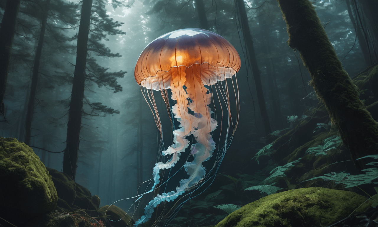 AI generated: photorealistic jellyfish, floating in a dense forest, trees, rocks, forestry, life like, photorealis...