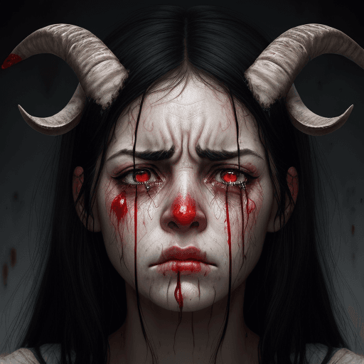 AI generated: realistic epic, Woman crying with (goat horns 1.2) , sad look, deeply sad facial expression, red and...