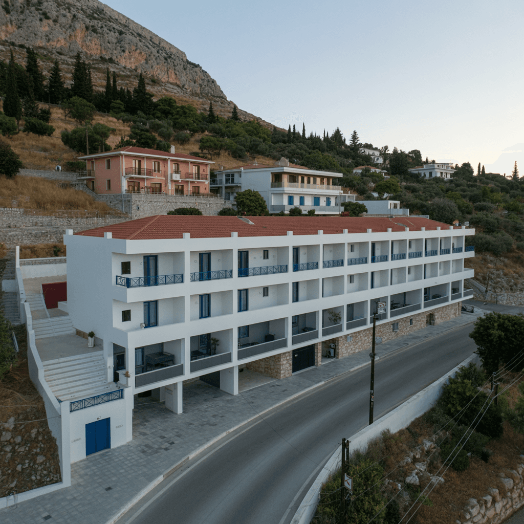 AI generated: A two floor hotel, semi underground, elongated towards the mountain, located in Loutraki Greece, sit...