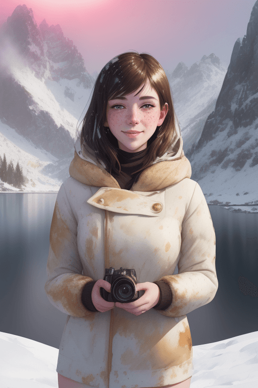 AI generated: portrait of beautiful smiling woman with some freckles, snow-covered mountain landscape background b...
