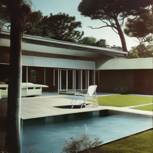 AI generated: Hyper realistic eye level exterior photo of a mid century modern style house overlooking the ocean, ...