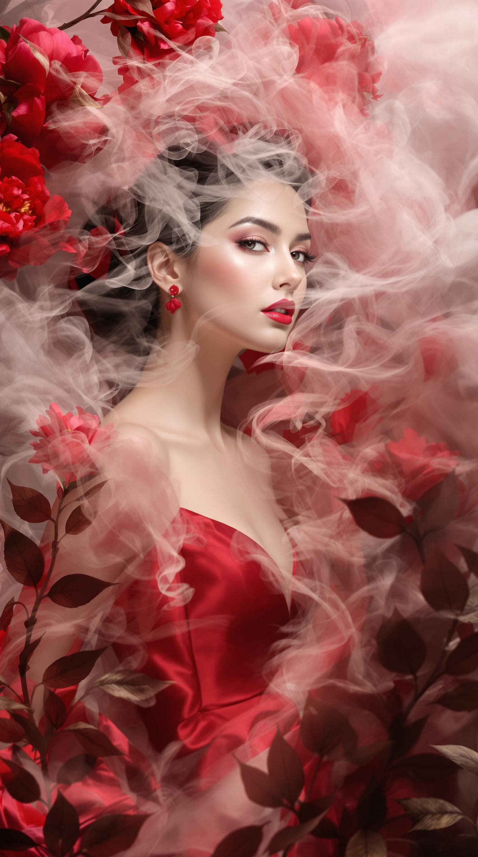 AI generated: "Fine art photograph. Refined, features, graceful and elegant, amidst swirling mist. Crisp red silk ...