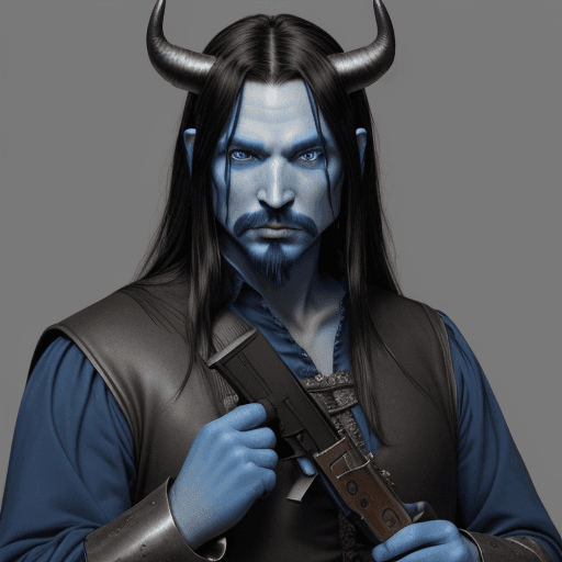 AI generated: realistic blue man with long black hair and devil horns with facial hair wearing medieval clothing w...
