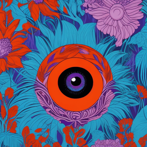 AI generated: a  painting of an eye with purple and orange flowers, in the style of james jean, mysterious jungle,...
