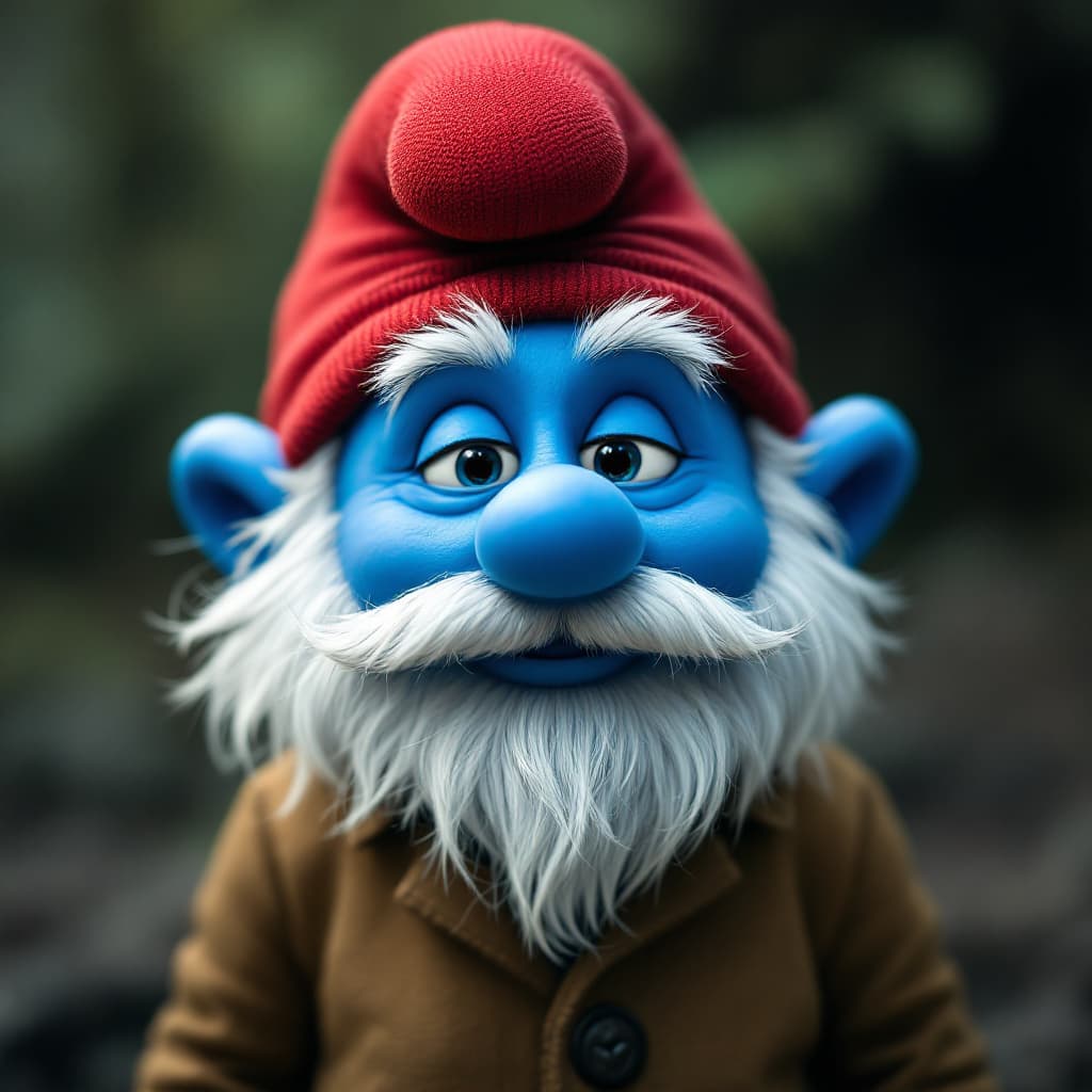 AI generated: Photo of smurf with the face from father smurf,more hiperrealism,red hat,position front
