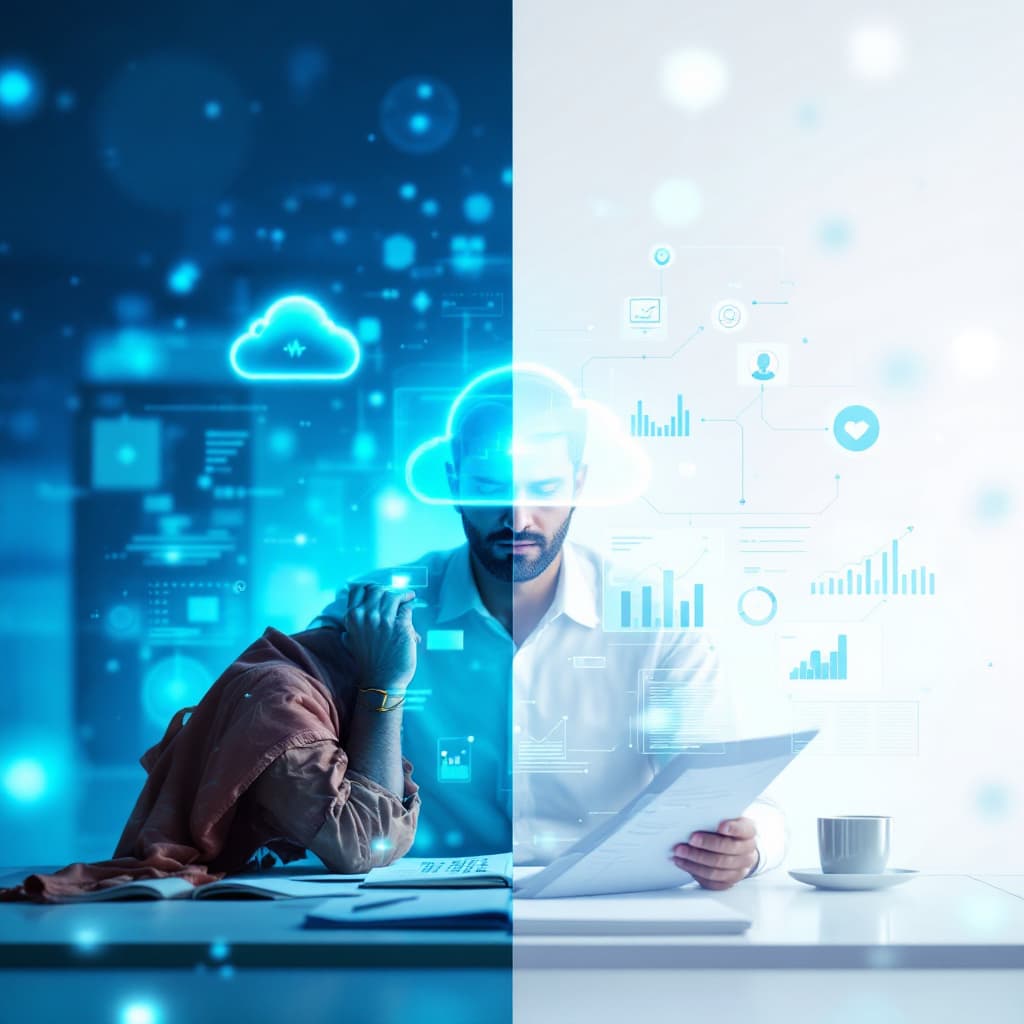 AI generated: Traditional Indian accountant navigating to digital success, split-screen concept: left panel portra...
