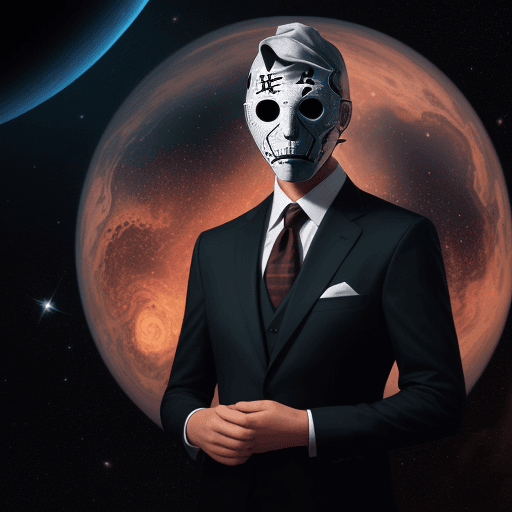 AI generated: a man in a suit and a jason mask holding the words victomega with the background in space