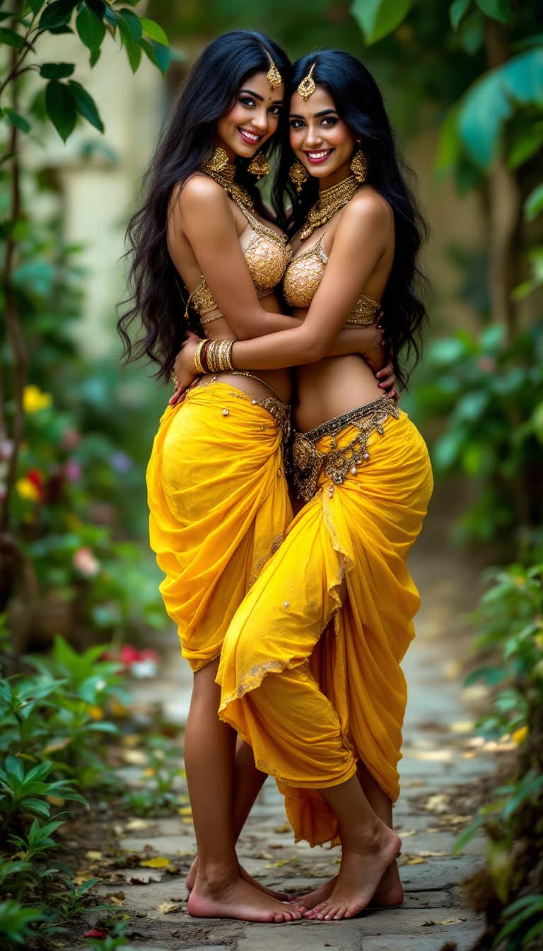 AI generated: full body view. 2 stunning beautiful Woman hug and smiling from behind, long black hair, big breasts...