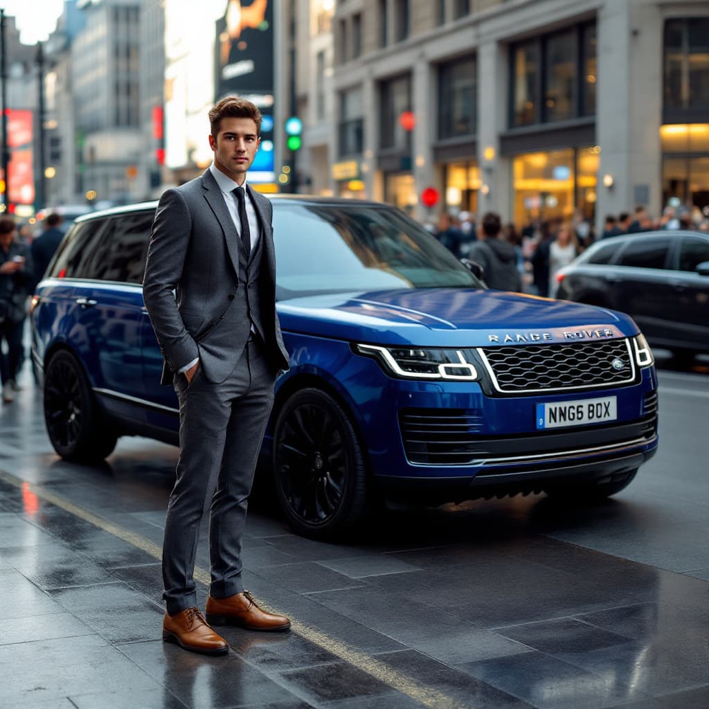 AI generated:  a blue range rover autobiography with a young man wearing a gray suit standing by it in a very busy...